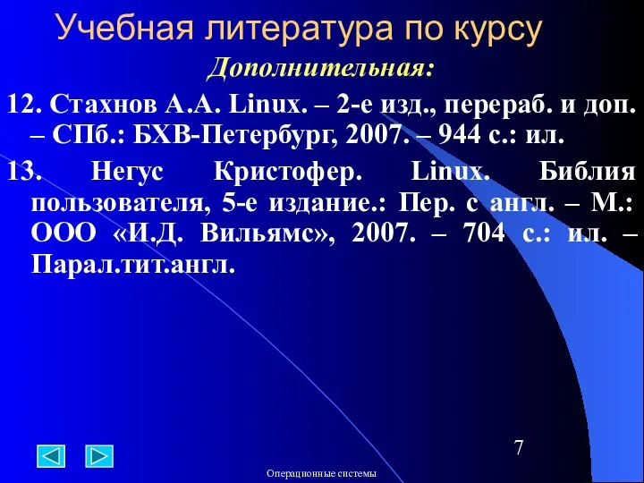 Учебная литература по курсу Дополнительная: 12. Стахнов А.А. Linux. – 2-е