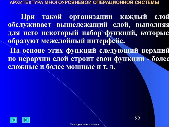 АРХИТЕКТУРА МНОГОУРОВНЕВОЙ ОПЕРАЦИОННОЙ СИСТЕМЫ При такой организации каждый слой обслуживает вышележащий