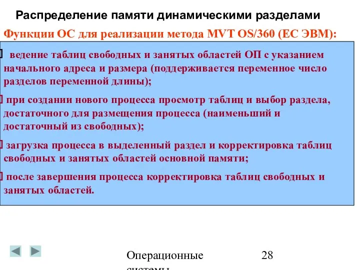 Операционные системы Распределение памяти динамическими разделами Функции ОС для реализации метода