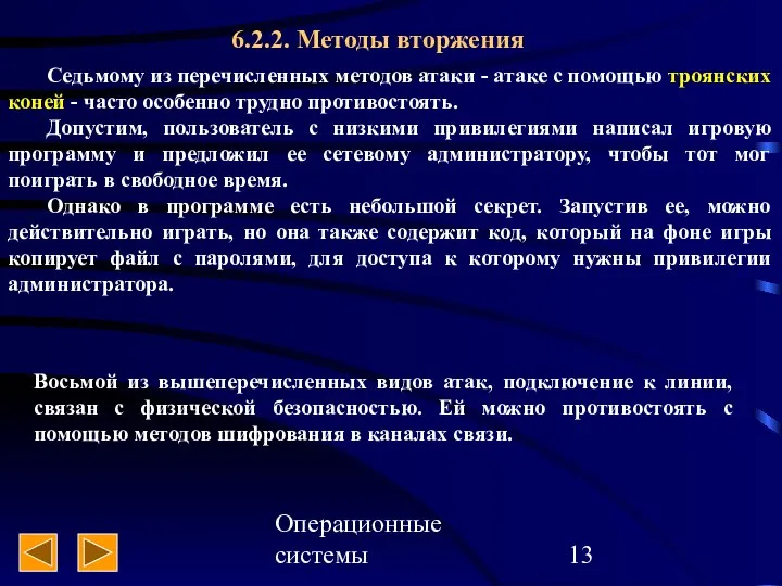 Операционные системы 6.2.2. Методы вторжения Седьмому из перечисленных методов атаки -