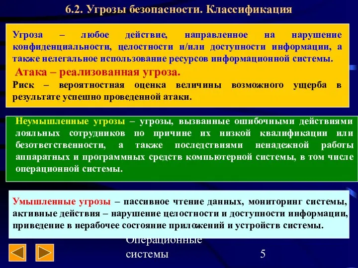 Операционные системы 6.2. Угрозы безопасности. Классификация Угроза – любое действие, направленное