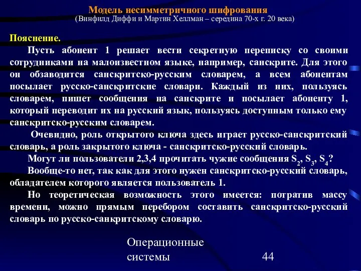 Операционные системы Модель несимметричного шифрования Пояснение. Пусть абонент 1 решает вести