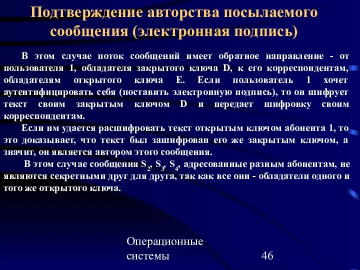 Операционные системы Подтверждение авторства посылаемого сообщения (электронная подпись) В этом случае