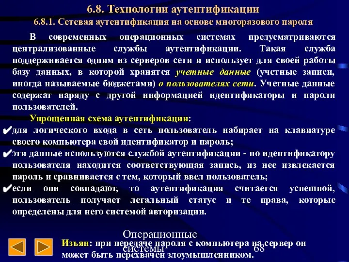 Операционные системы 6.8. Технологии аутентификации 6.8.1. Сетевая аутентификация на основе многоразового