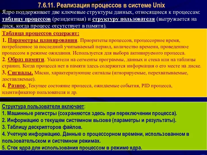 Операционные системы 7.6.11. Реализация процессов в системе Unix Ядро поддерживает две