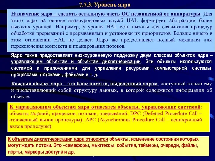 Операционные системы 7.7.3. Уровень ядра Назначение ядра – сделать остальную часть