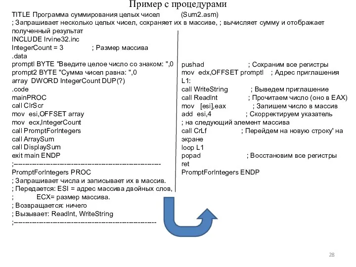 Пример с процедурами TITLE Программа суммирования целых чисел (Sum2.asm) ; Запрашивает