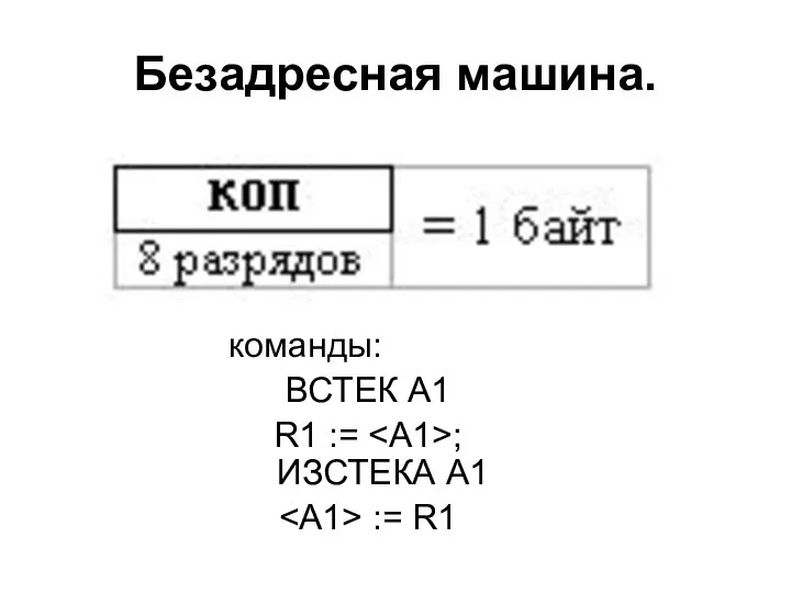 Безадресная машина. команды: ВСТЕК A1 R1 := ; ИЗСТЕКА A1 := R1