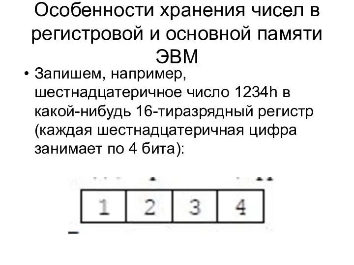 Особенности хранения чисел в регистровой и основной памяти ЭВМ Запишем, например,