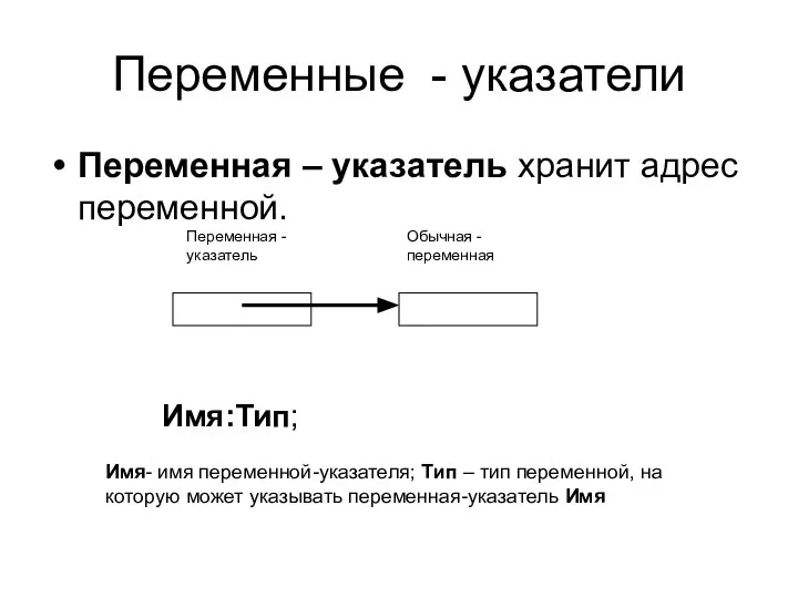 Переменные - указатели Переменная – указатель хранит адрес переменной. Переменная -указатель