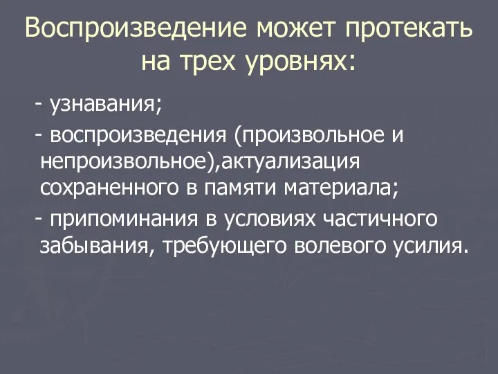 Воспроизведение может протекать на трех уровнях: - узнавания; - воспроизведения (произвольное