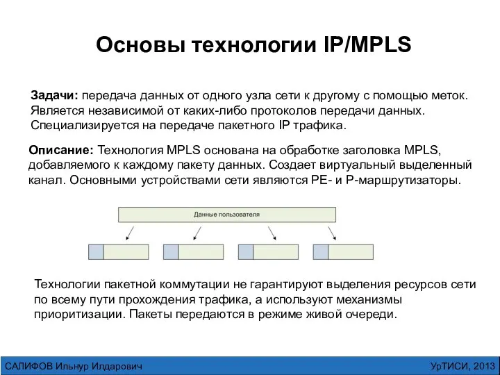 Основы технологии IP/MPLS Задачи: передача данных от одного узла сети к