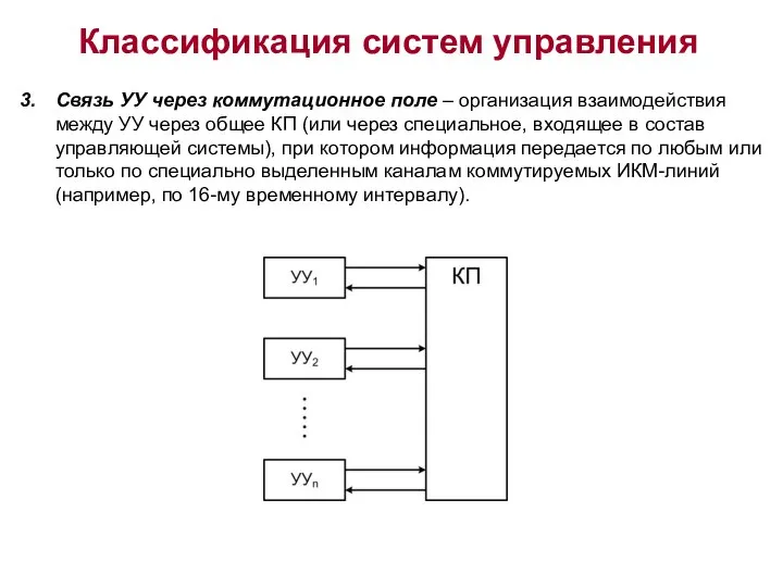 Классификация систем управления Связь УУ через коммутационное поле – организация взаимодействия