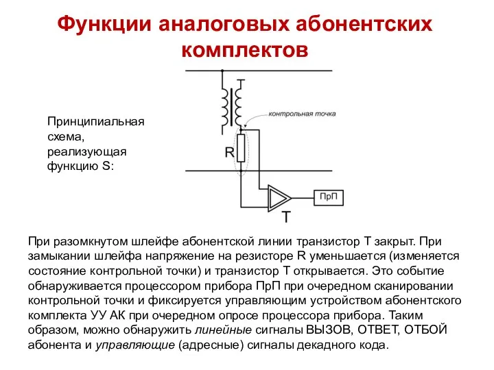 Функции аналоговых абонентских комплектов Принципиальная схема, реализующая функцию S: При разомкнутом