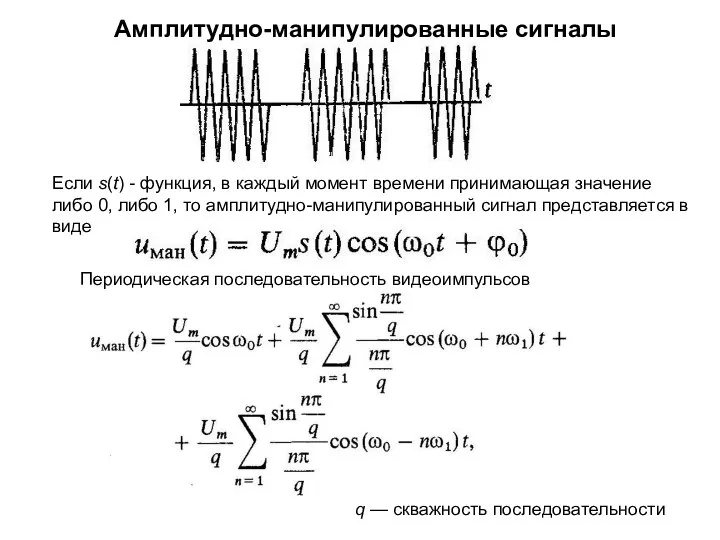 Амплитудно-манипулированные сигналы Если s(t) - функция, в каждый момент времени принимающая