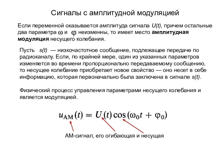 Сигналы с амплитудной модуляцией Если переменной оказывается амплитуда сигнала U(t), причем