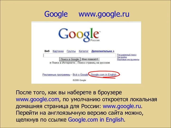 Google www.google.ru После того, как вы наберете в броузере www.google.com, по