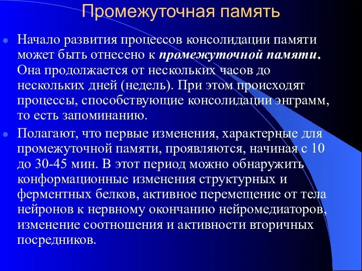 Промежуточная память Начало развития процессов консолидации памяти может быть отнесено к