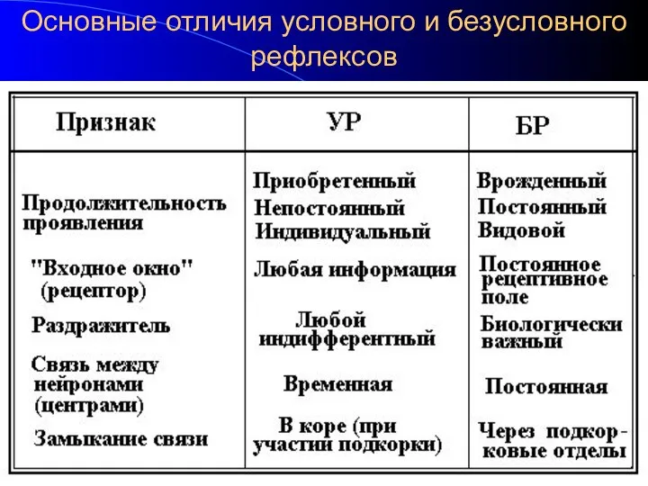 Основные отличия условного и безусловного рефлексов