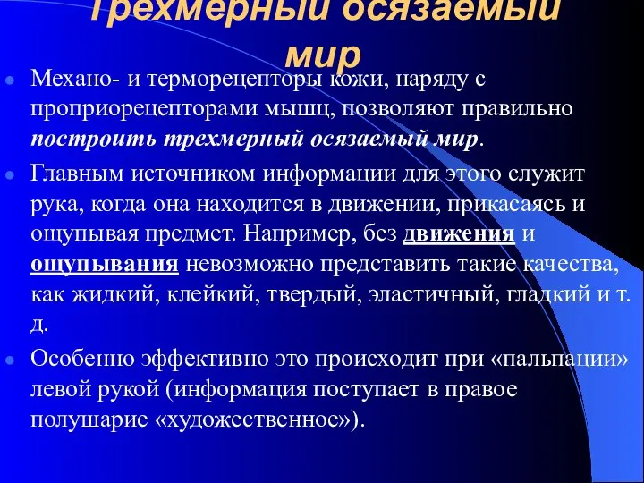 Трехмерный осязаемый мир Механо- и терморецепторы кожи, наряду с проприорецепторами мышц,