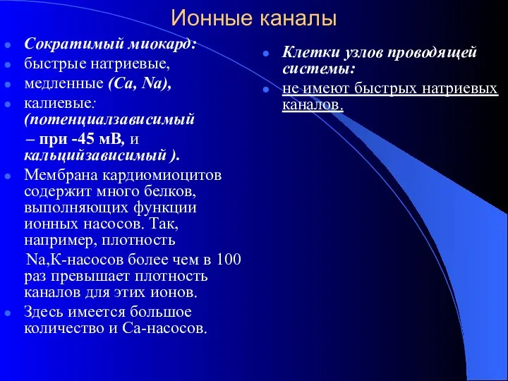 Ионные каналы Cократимый миокард: быстрые натриевые, медленные (Са, Na), калиевые: (потенциалзависимый