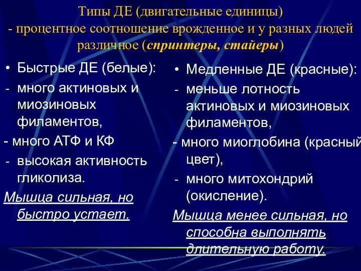 Типы ДЕ (двигательные единицы) - процентное соотношение врожденное и у разных