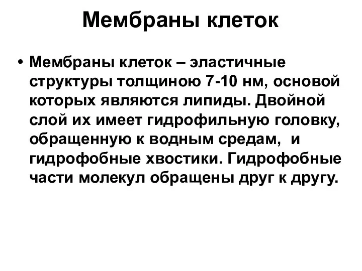 Мембраны клеток Мембраны клеток – эластичные структуры толщиною 7-10 нм, основой