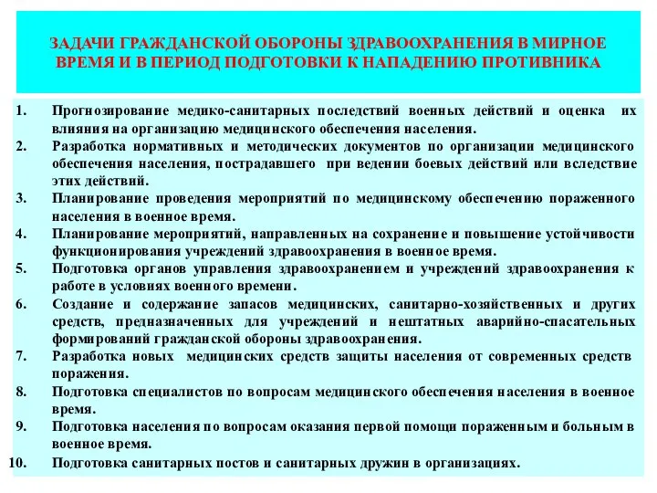 ЗАДАЧИ ГРАЖДАНСКОЙ ОБОРОНЫ ЗДРАВООХРАНЕНИЯ В МИРНОЕ ВРЕМЯ И В ПЕРИОД ПОДГОТОВКИ