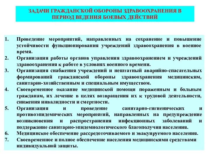 ЗАДАЧИ ГРАЖДАНСКОЙ ОБОРОНЫ ЗДРАВООХРАНЕНИЯ В ПЕРИОД ВЕДЕНИЯ БОЕВЫХ ДЕЙСТВИЙ Проведение мероприятий,