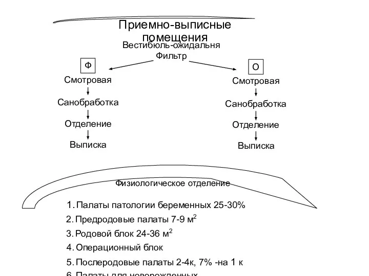 Приемно-выписные помещения Вестибюль-ожидальня Фильтр Физиологическое отделение 1. Палаты патологии беременных 25-30%