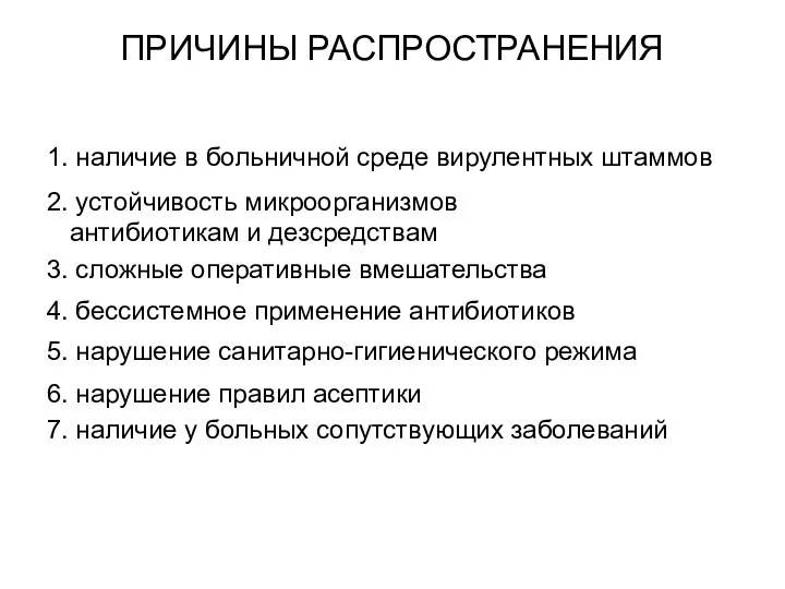 ПРИЧИНЫ РАСПРОСТРАНЕНИЯ 1. наличие в больничной среде вирулентных штаммов 2. устойчивость