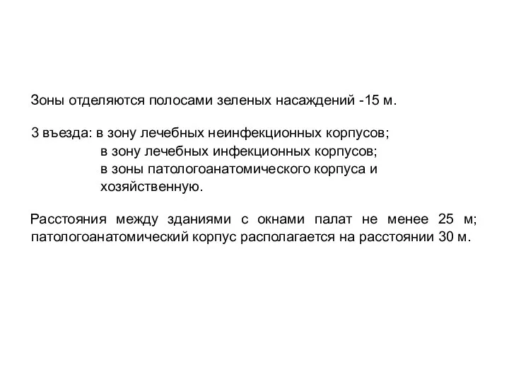 Зоны отделяются полосами зеленых насаждений -15 м. 3 въезда: в зону