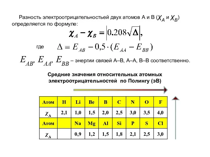 Разность электроотрицательностьей двух атомов А и В (χA и χB) определяется