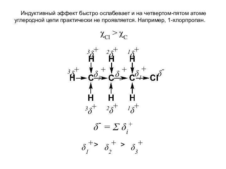 Индуктивный эффект быстро ослабевает и на четвертом-пятом атоме углеродной цепи практически