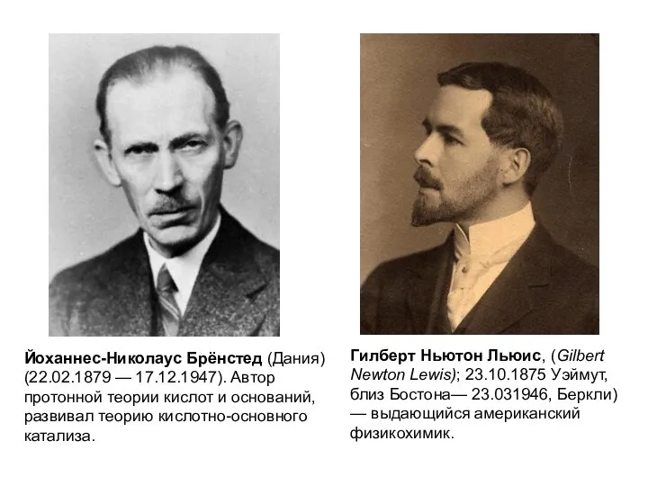 Йоханнес-Николаус Брёнстед (Дания) (22.02.1879 — 17.12.1947). Автор протонной теории кислот и
