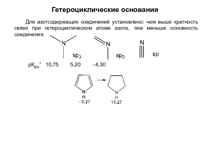 Гетероциклические основания Для азотсодержащих соединений установлено: чем выше кратность связи при