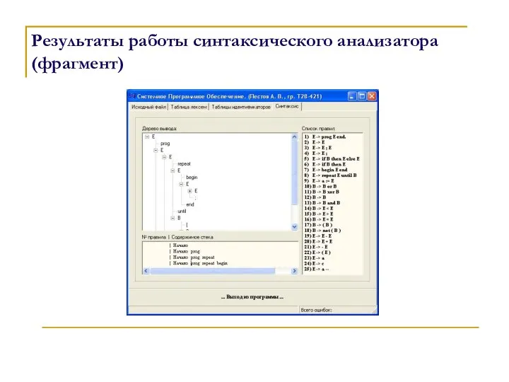 Результаты работы синтаксического анализатора (фрагмент)