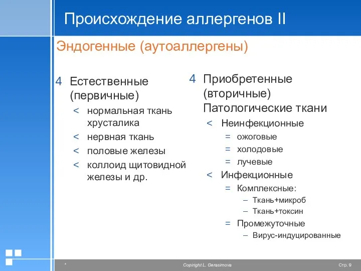 Происхождение аллергенов II Эндогенные (аутоаллергены) Естественные (первичные) нормальная ткань хрусталика нервная