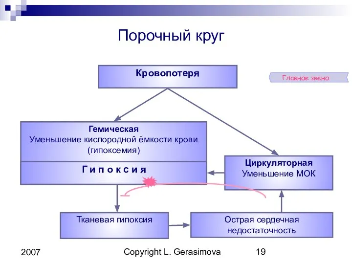 Copyright L. Gerasimova 2007 Кровопотеря Острая сердечная недостаточность Тканевая гипоксия Циркуляторная