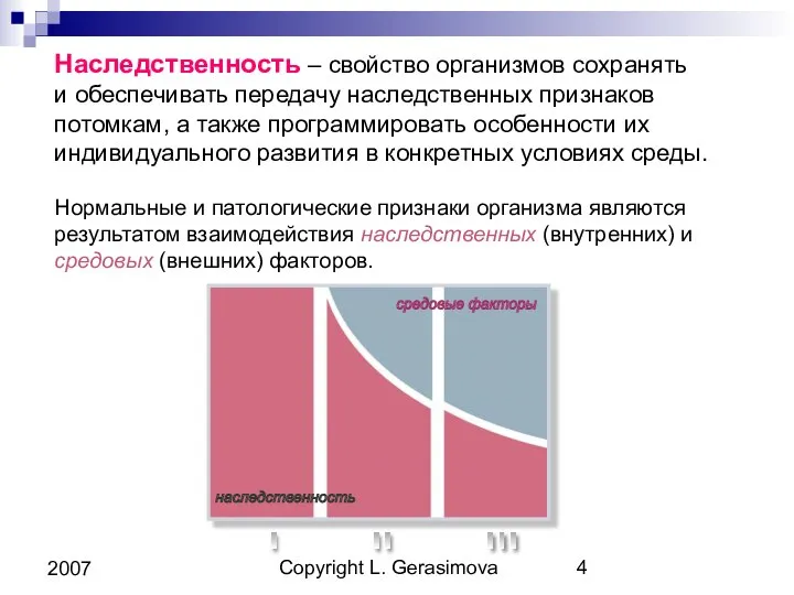 Copyright L. Gerasimova 2007 Наследственность – свойство организмов сохранять и обеспечивать