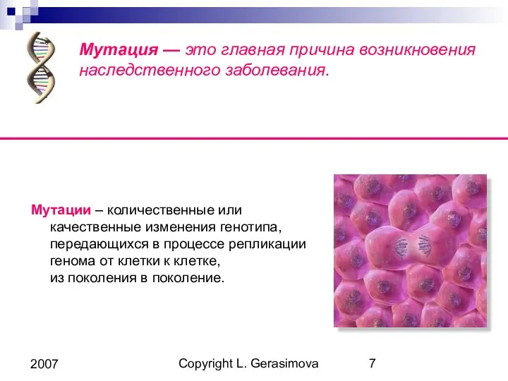 Copyright L. Gerasimova 2007 Мутация — это главная причина возникновения наследственного