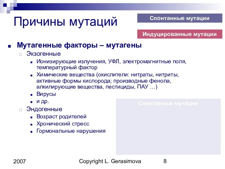 Copyright L. Gerasimova 2007 Причины мутаций Мутагенные факторы – мутагены Экзогенные