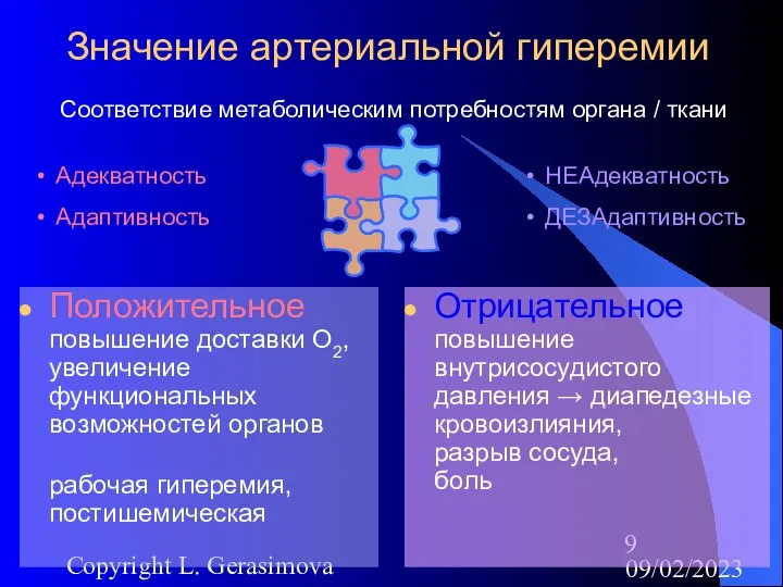 09/02/2023 Copyright L. Gerasimova Значение артериальной гиперемии Положительное повышение доставки О2,