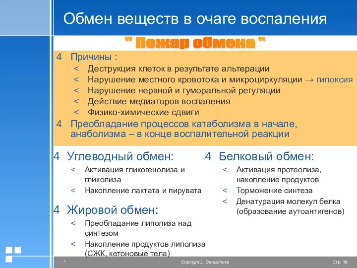 Обмен веществ в очаге воспаления Причины : Деструкция клеток в результате