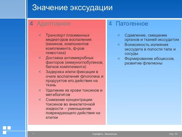 Значение экссудации Адаптивное Транспорт плазменных медиаторов воспаления (кининов, компонентов комплемента, ф-ров