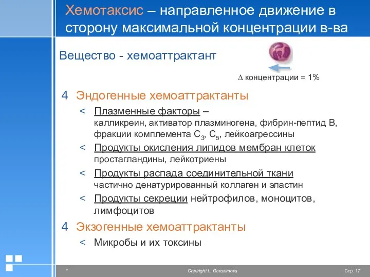 Хемотаксис – направленное движение в сторону максимальной концентрации в-ва Вещество -