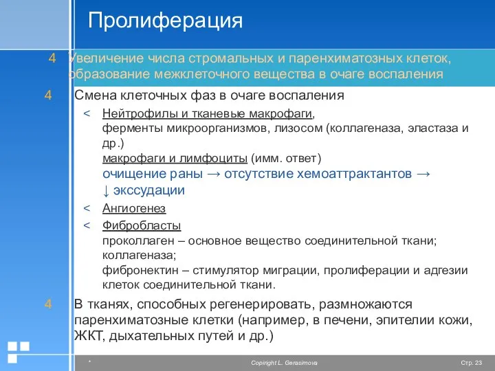 Пролиферация Увеличение числа стромальных и паренхиматозных клеток, образование межклеточного вещества в