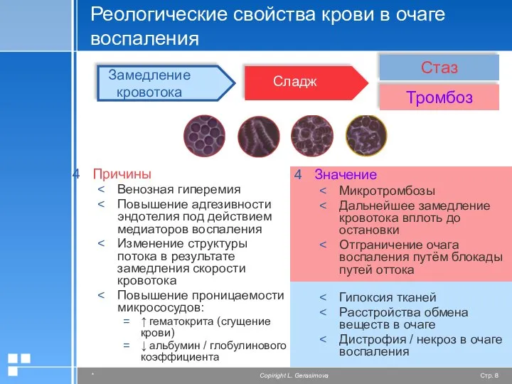 Реологические свойства крови в очаге воспаления Причины Венозная гиперемия Повышение адгезивности