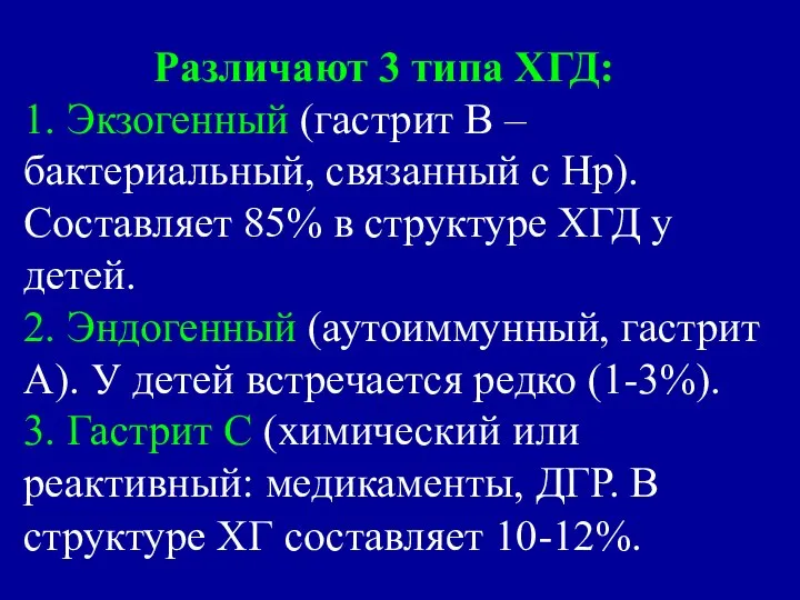 Различают 3 типа ХГД: 1. Экзогенный (гастрит В – бактериальный, связанный