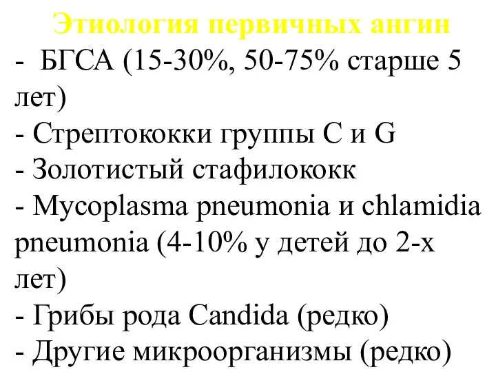 Этиология первичных ангин - БГСА (15-30%, 50-75% старше 5 лет) -